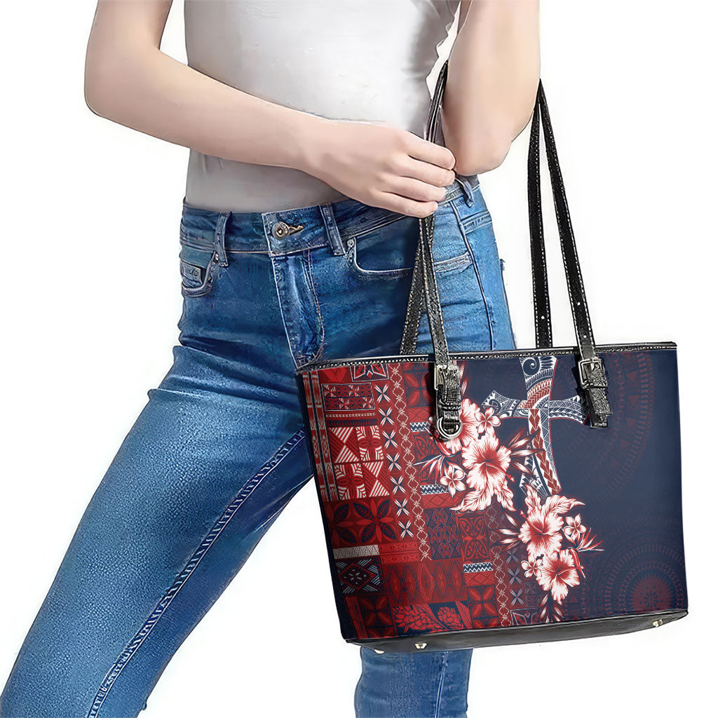 Samoa AIGA Mamanu Siapo Malu Motifs Leather Tote Bag Flag Color
