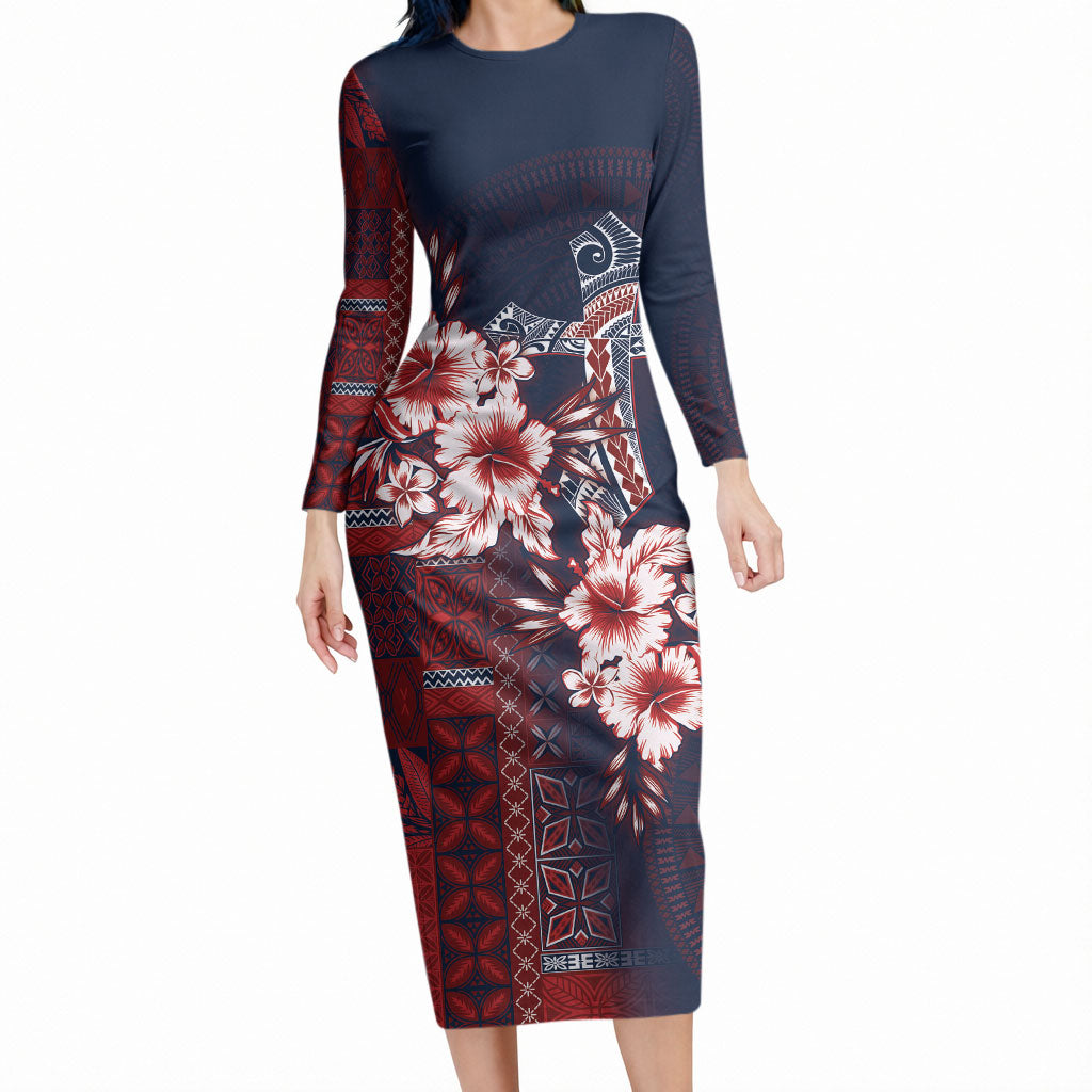 Samoa AIGA Mamanu Siapo Malu Motifs Long Sleeve Bodycon Dress Flag Color