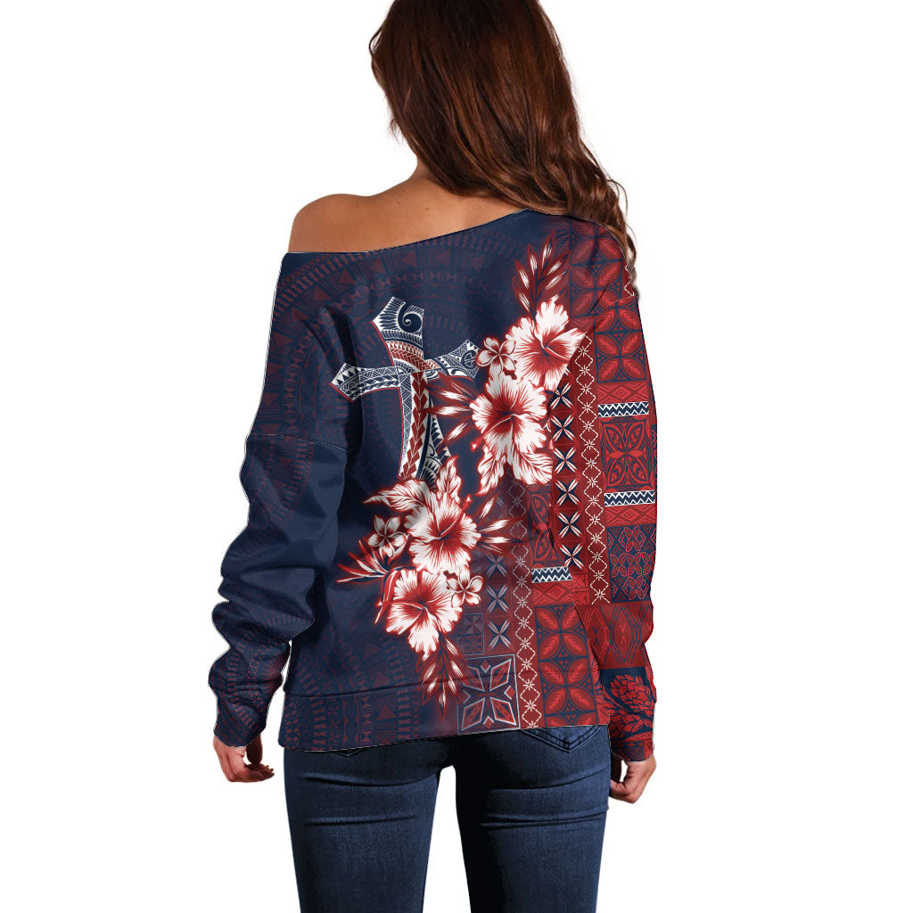 Samoa AIGA Mamanu Siapo Malu Motifs Off Shoulder Sweater Flag Color