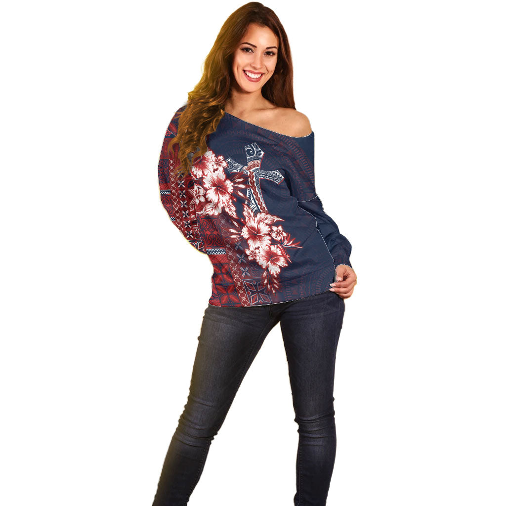 Samoa AIGA Mamanu Siapo Malu Motifs Off Shoulder Sweater Flag Color