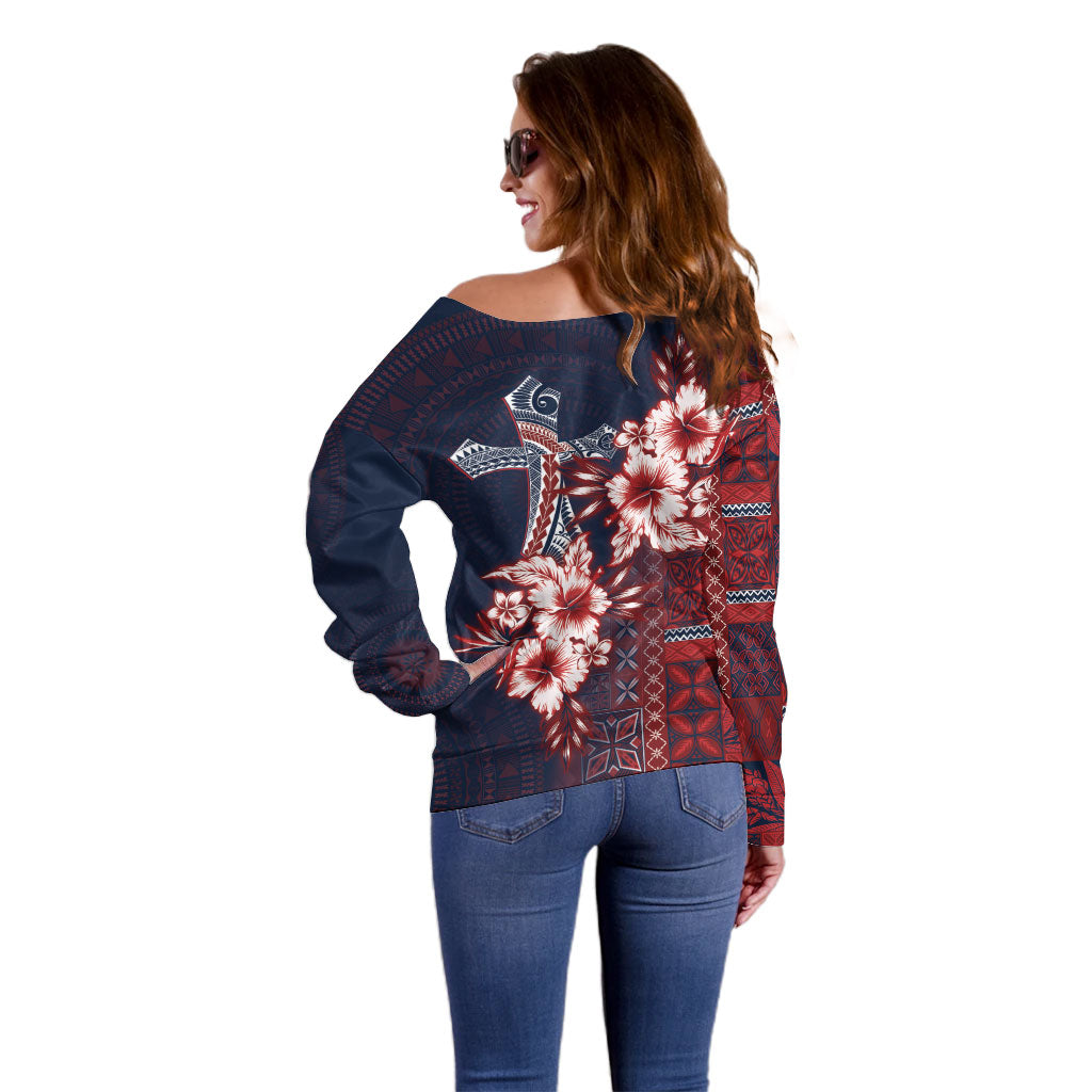 Samoa AIGA Mamanu Siapo Malu Motifs Off Shoulder Sweater Flag Color
