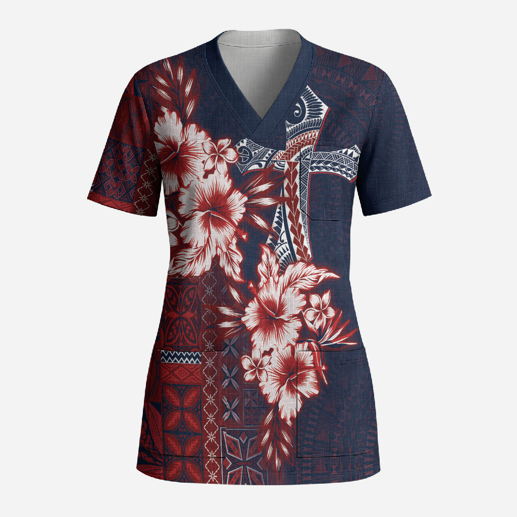 Samoa AIGA Mamanu Siapo Malu Motifs Scrub Top Flag Color LT7 Adult Navy Blue - Polynesian Pride