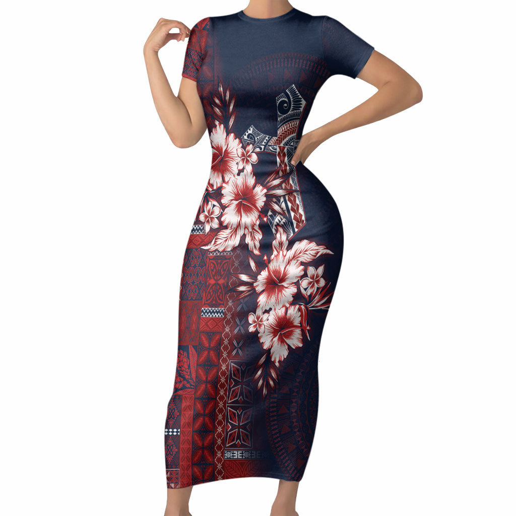 Samoa AIGA Mamanu Siapo Malu Motifs Short Sleeve Bodycon Dress Flag Color