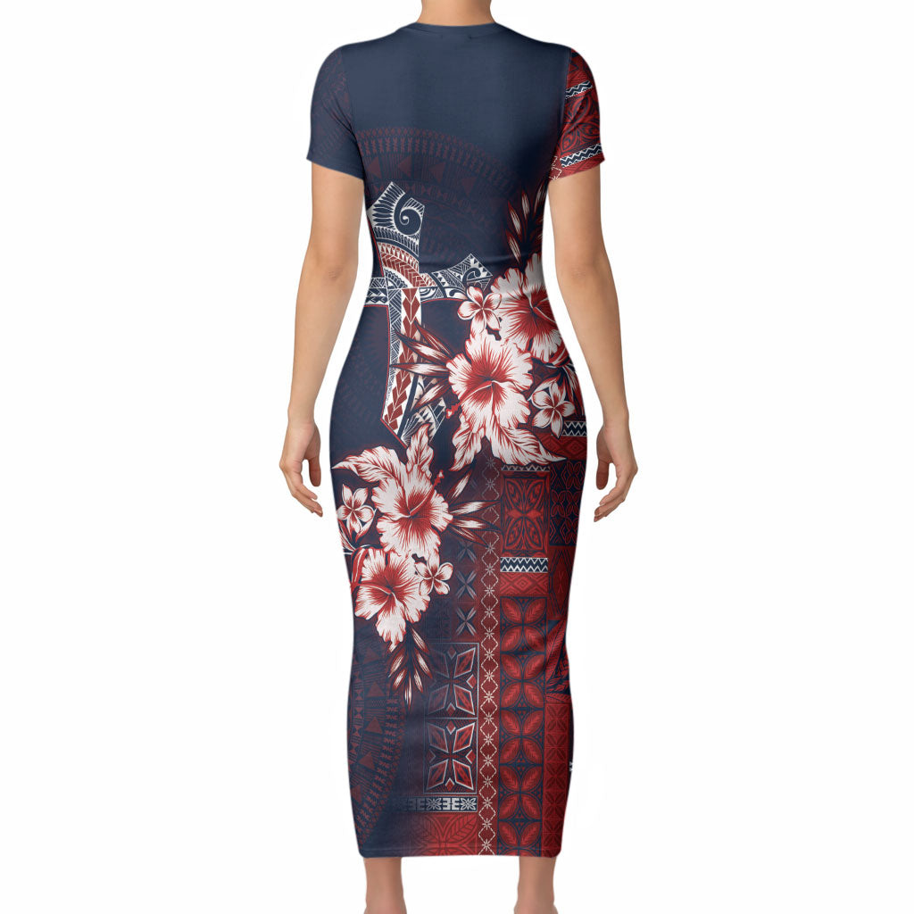 Samoa AIGA Mamanu Siapo Malu Motifs Short Sleeve Bodycon Dress Flag Color