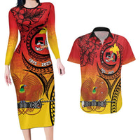 Papua New Guinea 50 Years Couples Matching Long Sleeve Bodycon Dress and Hawaiian Shirt Motuan Motifs
