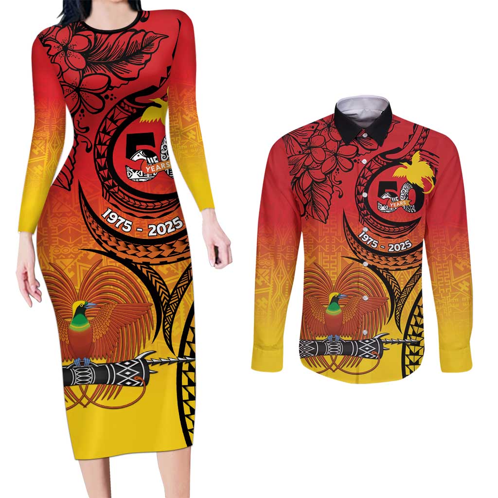 Papua New Guinea 50 Years Couples Matching Long Sleeve Bodycon Dress and Long Sleeve Button Shirt Motuan Motifs