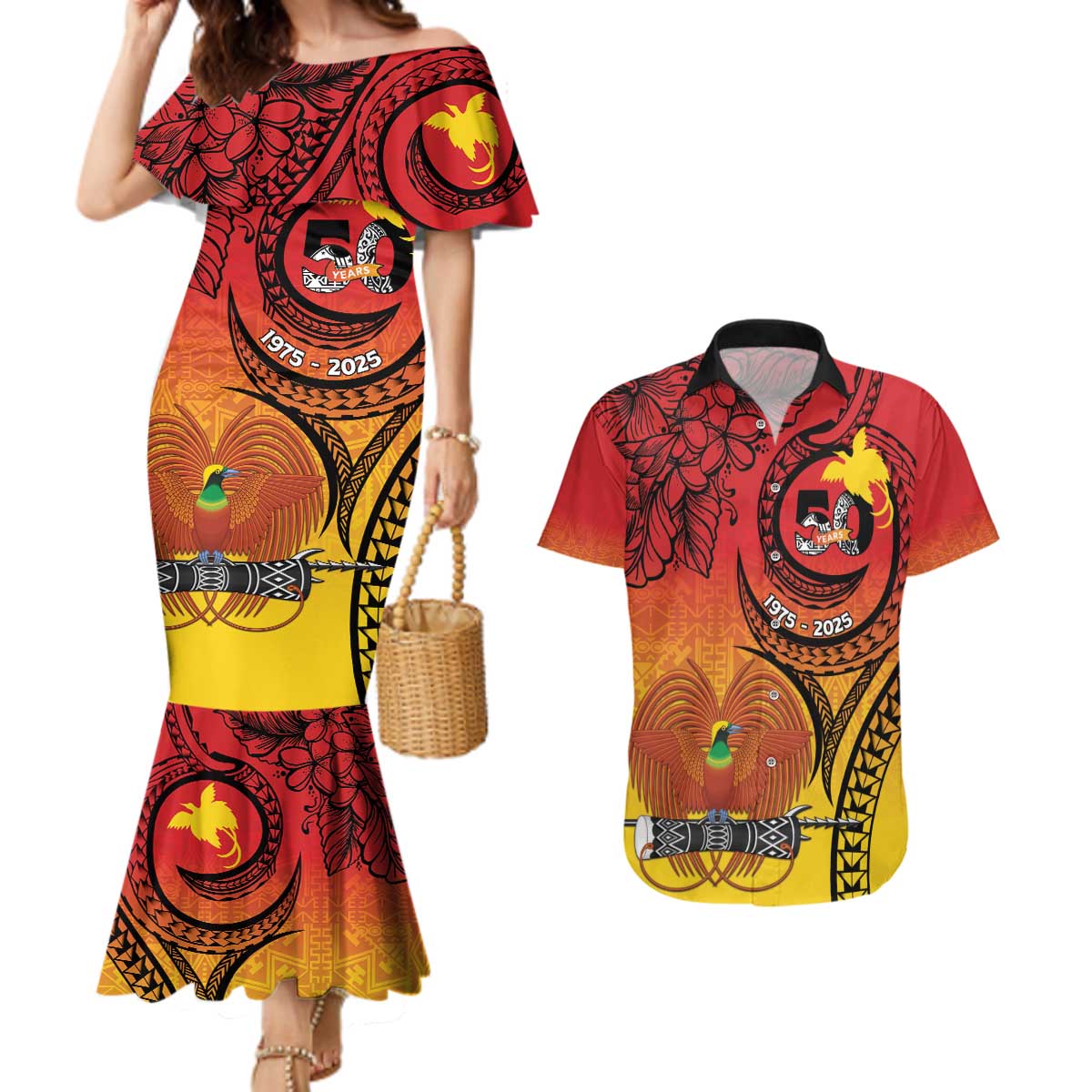 Papua New Guinea 50 Years Couples Matching Mermaid Dress and Hawaiian Shirt Motuan Motifs