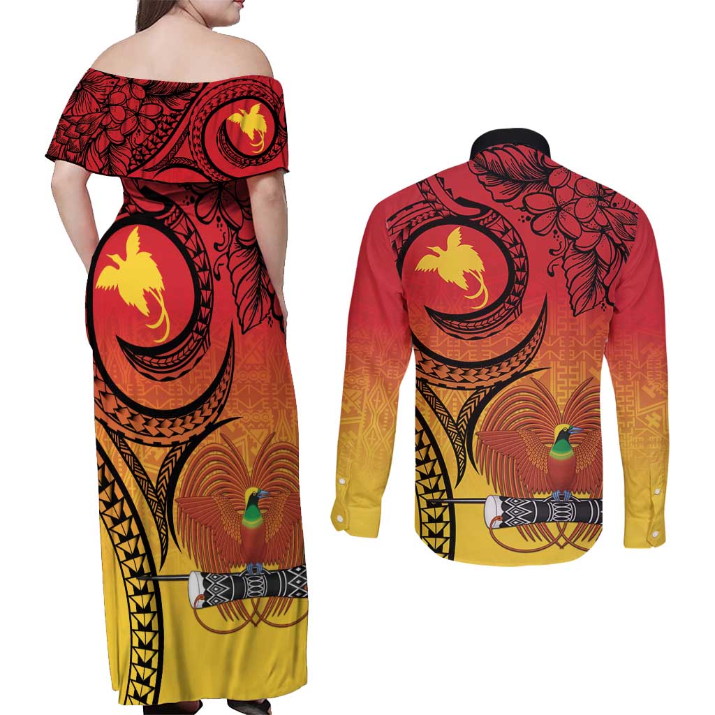 Papua New Guinea 50 Years Couples Matching Off Shoulder Maxi Dress and Long Sleeve Button Shirt Motuan Motifs