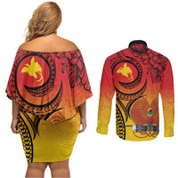 Papua New Guinea 50 Years Couples Matching Off Shoulder Short Dress and Long Sleeve Button Shirt Motuan Motifs