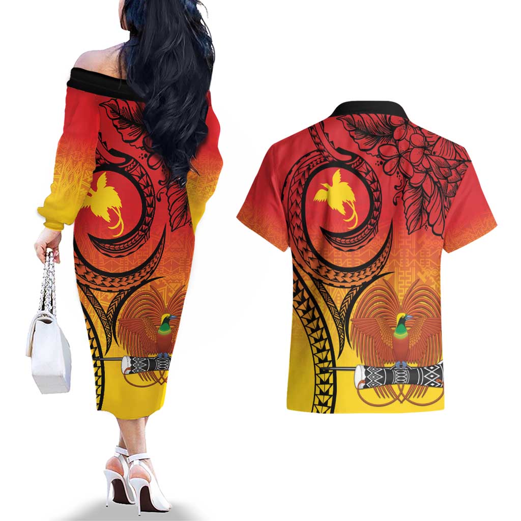 Papua New Guinea 50 Years Couples Matching Off The Shoulder Long Sleeve Dress and Hawaiian Shirt Motuan Motifs