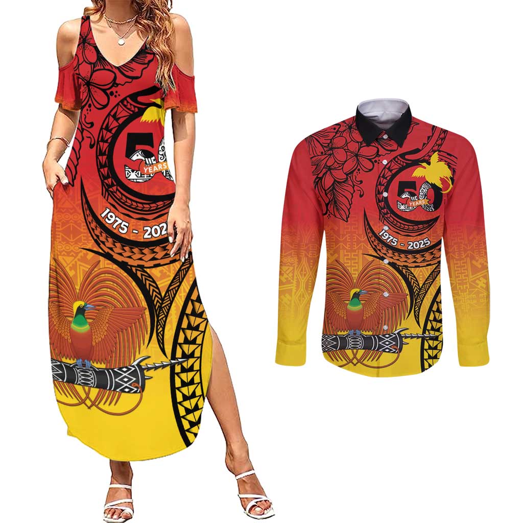 Papua New Guinea 50 Years Couples Matching Summer Maxi Dress and Long Sleeve Button Shirt Motuan Motifs