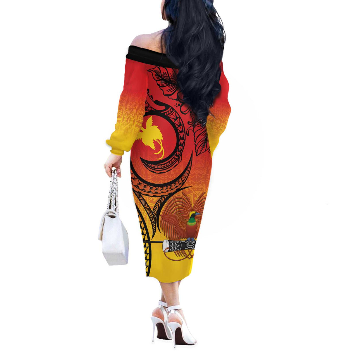 Papua New Guinea 50 Years Off The Shoulder Long Sleeve Dress Motuan Motifs