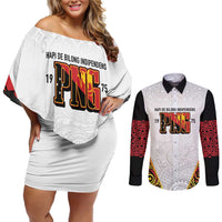 Personalized Papua New Guinea Couples Matching Off Shoulder Short Dress and Long Sleeve Button Shirt Hapi De bilong Indipendens PNG LT7 White - Polynesian Pride