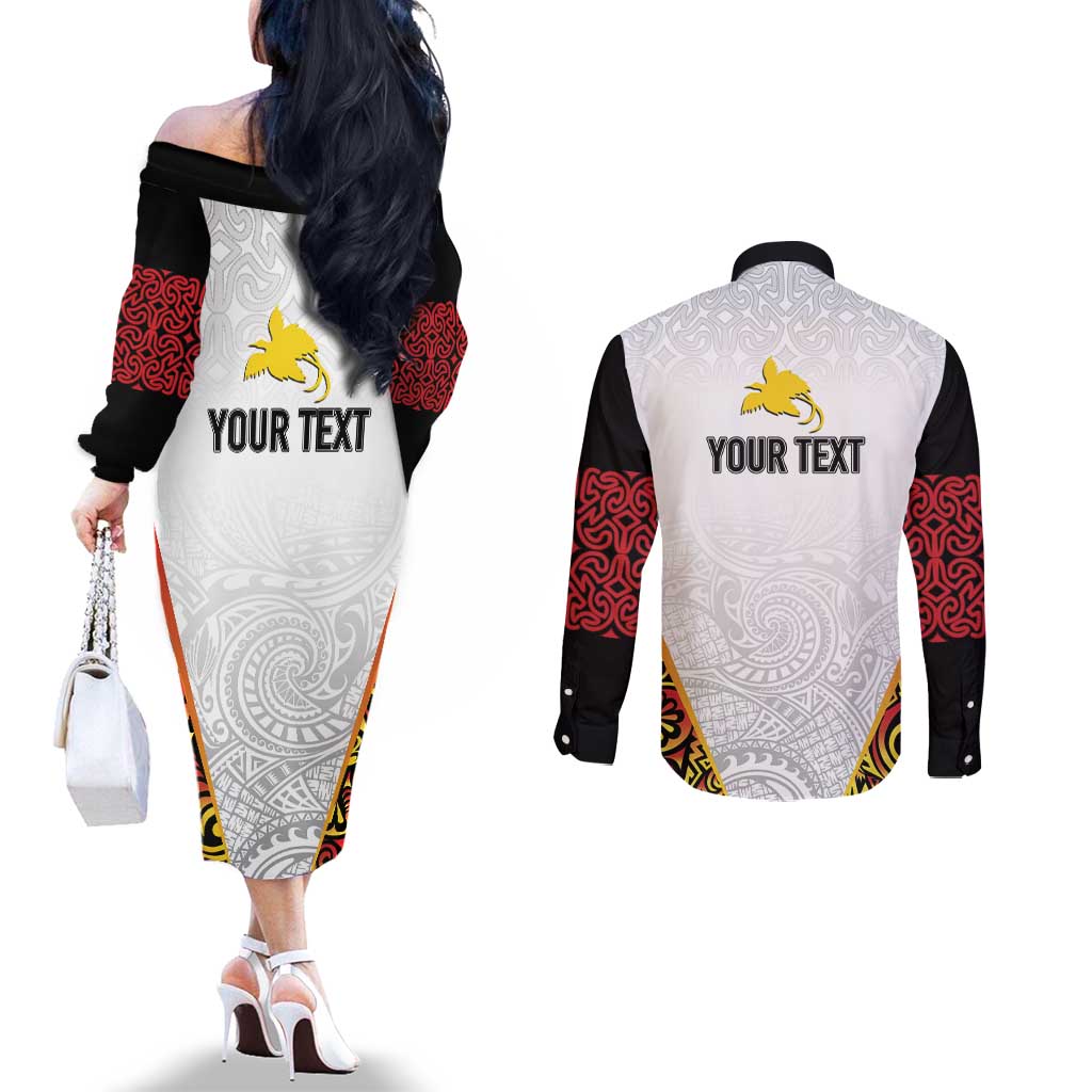 Personalized Papua New Guinea Couples Matching Off The Shoulder Long Sleeve Dress and Long Sleeve Button Shirt Hapi De bilong Indipendens PNG LT7 - Polynesian Pride