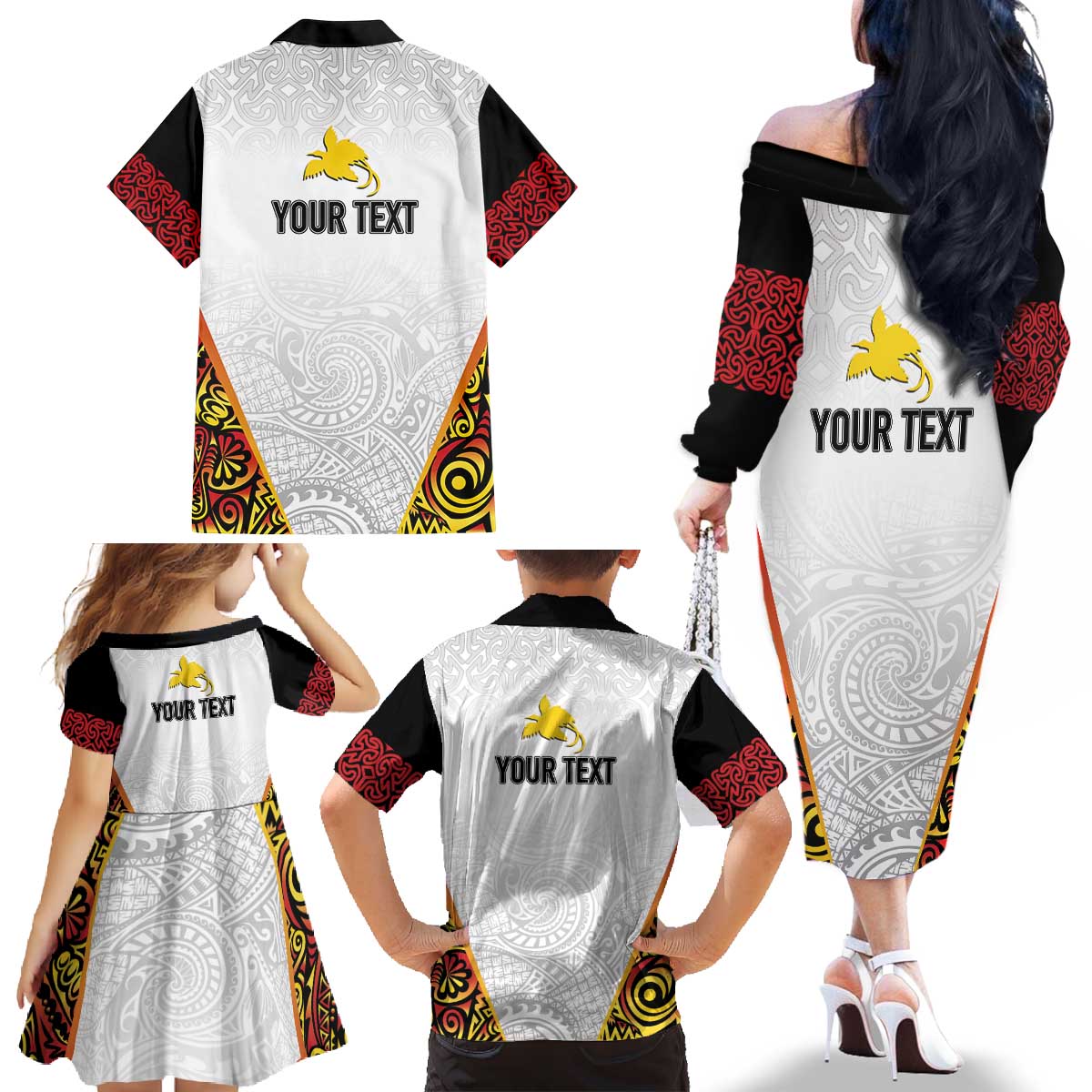Personalized Papua New Guinea Family Matching Off The Shoulder Long Sleeve Dress and Hawaiian Shirt Hapi De bilong Indipendens PNG