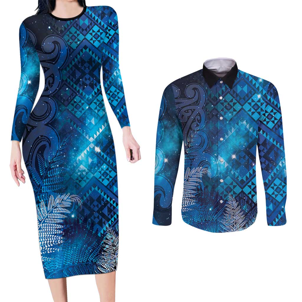 Aotearoa Taniko Matariki Couples Matching Long Sleeve Bodycon Dress and Long Sleeve Button Shirt Cosmic Blue LT7 Blue - Polynesian Pride