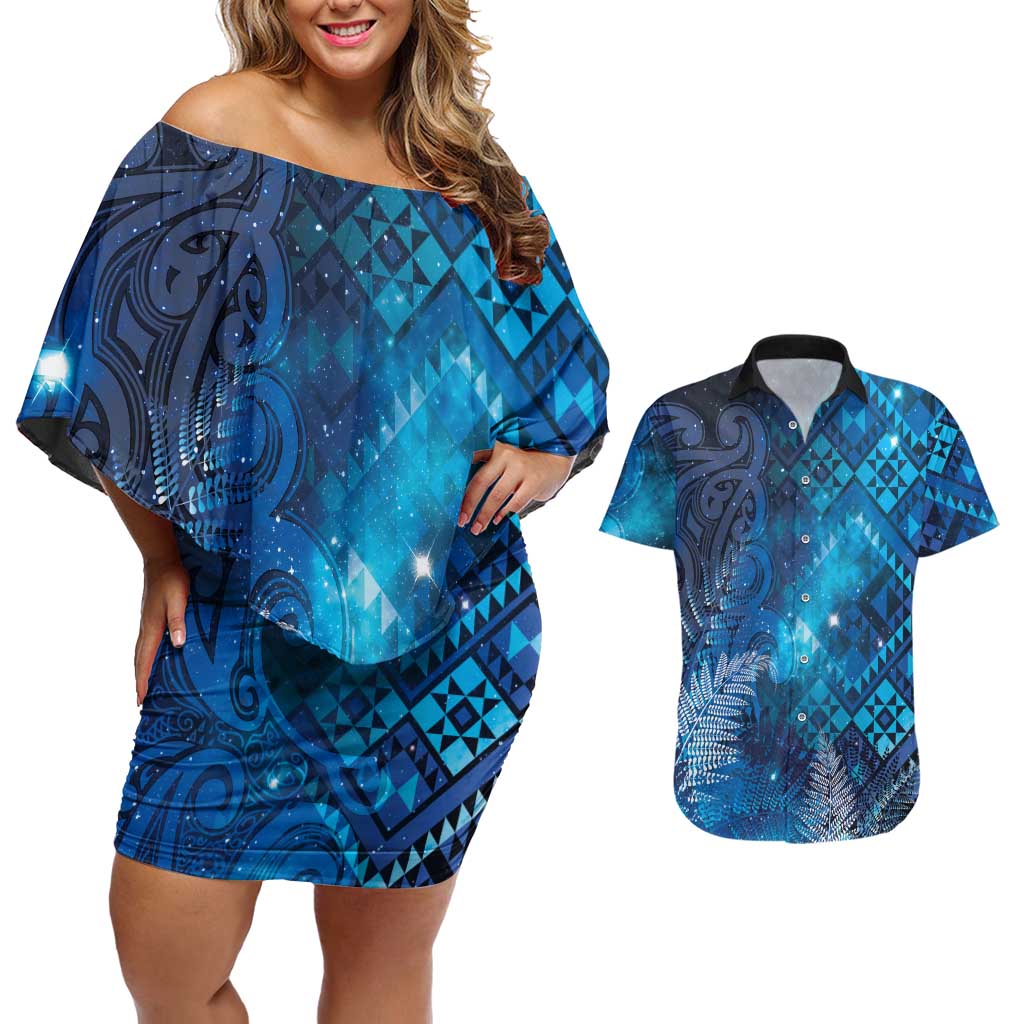 Aotearoa Taniko Matariki Couples Matching Off Shoulder Short Dress and Hawaiian Shirt Cosmic Blue LT7 Blue - Polynesian Pride