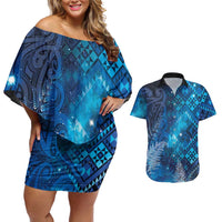 Aotearoa Taniko Matariki Couples Matching Off Shoulder Short Dress and Hawaiian Shirt Cosmic Blue