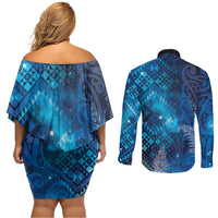 Aotearoa Taniko Matariki Couples Matching Off Shoulder Short Dress and Long Sleeve Button Shirt Cosmic Blue