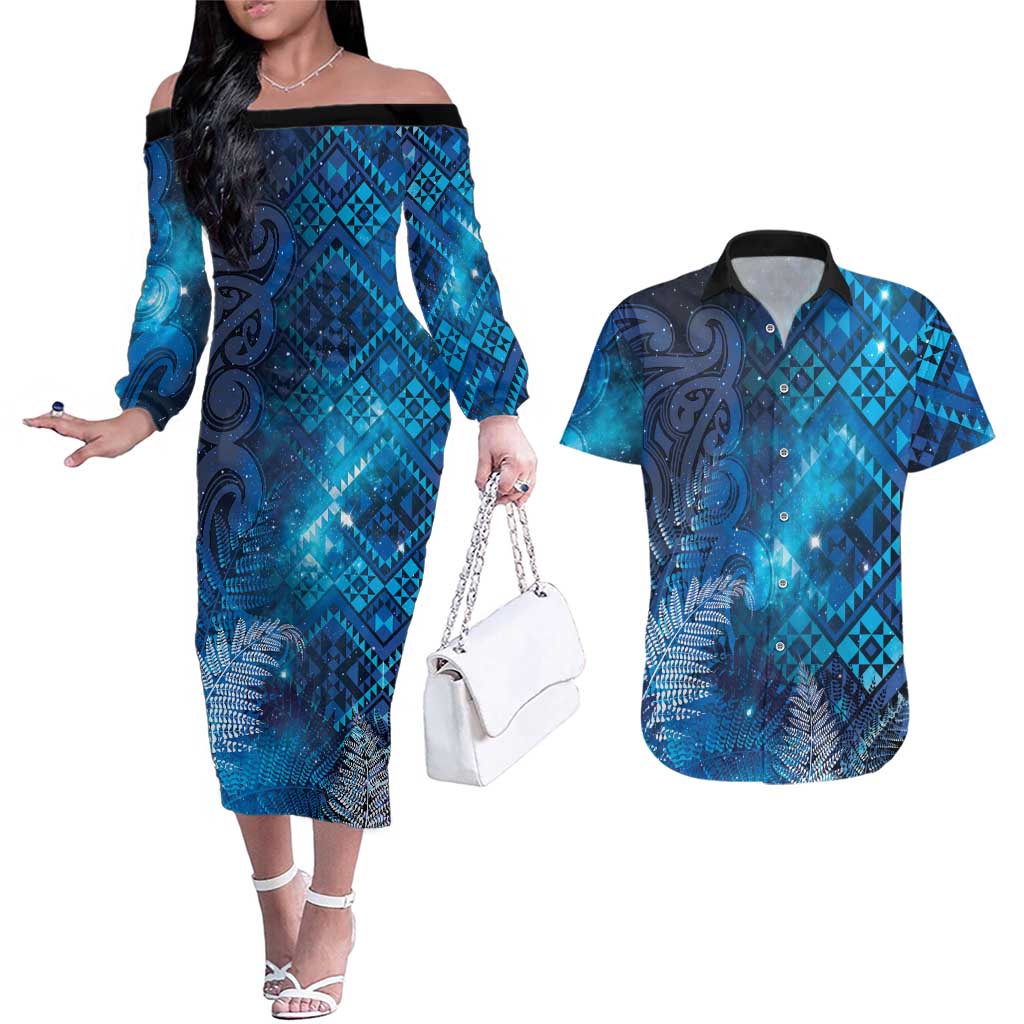 Aotearoa Taniko Matariki Couples Matching Off The Shoulder Long Sleeve Dress and Hawaiian Shirt Cosmic Blue LT7 Blue - Polynesian Pride