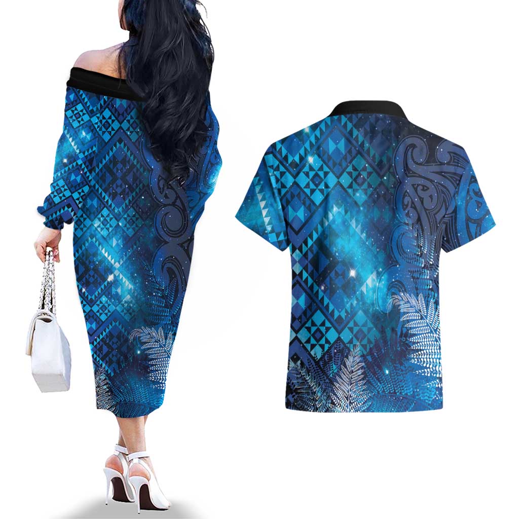 Aotearoa Taniko Matariki Couples Matching Off The Shoulder Long Sleeve Dress and Hawaiian Shirt Cosmic Blue LT7 - Polynesian Pride