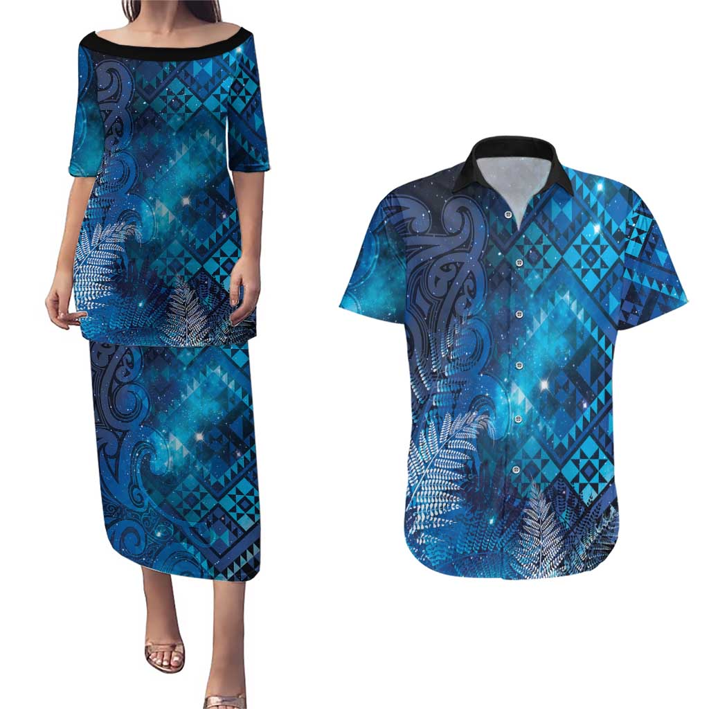 Aotearoa Taniko Matariki Couples Matching Puletasi and Hawaiian Shirt Cosmic Blue LT7 Blue - Polynesian Pride