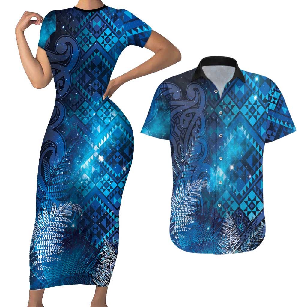 Aotearoa Taniko Matariki Couples Matching Short Sleeve Bodycon Dress and Hawaiian Shirt Cosmic Blue LT7 Blue - Polynesian Pride
