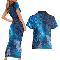 Aotearoa Taniko Matariki Couples Matching Short Sleeve Bodycon Dress and Hawaiian Shirt Cosmic Blue LT7 - Polynesian Pride