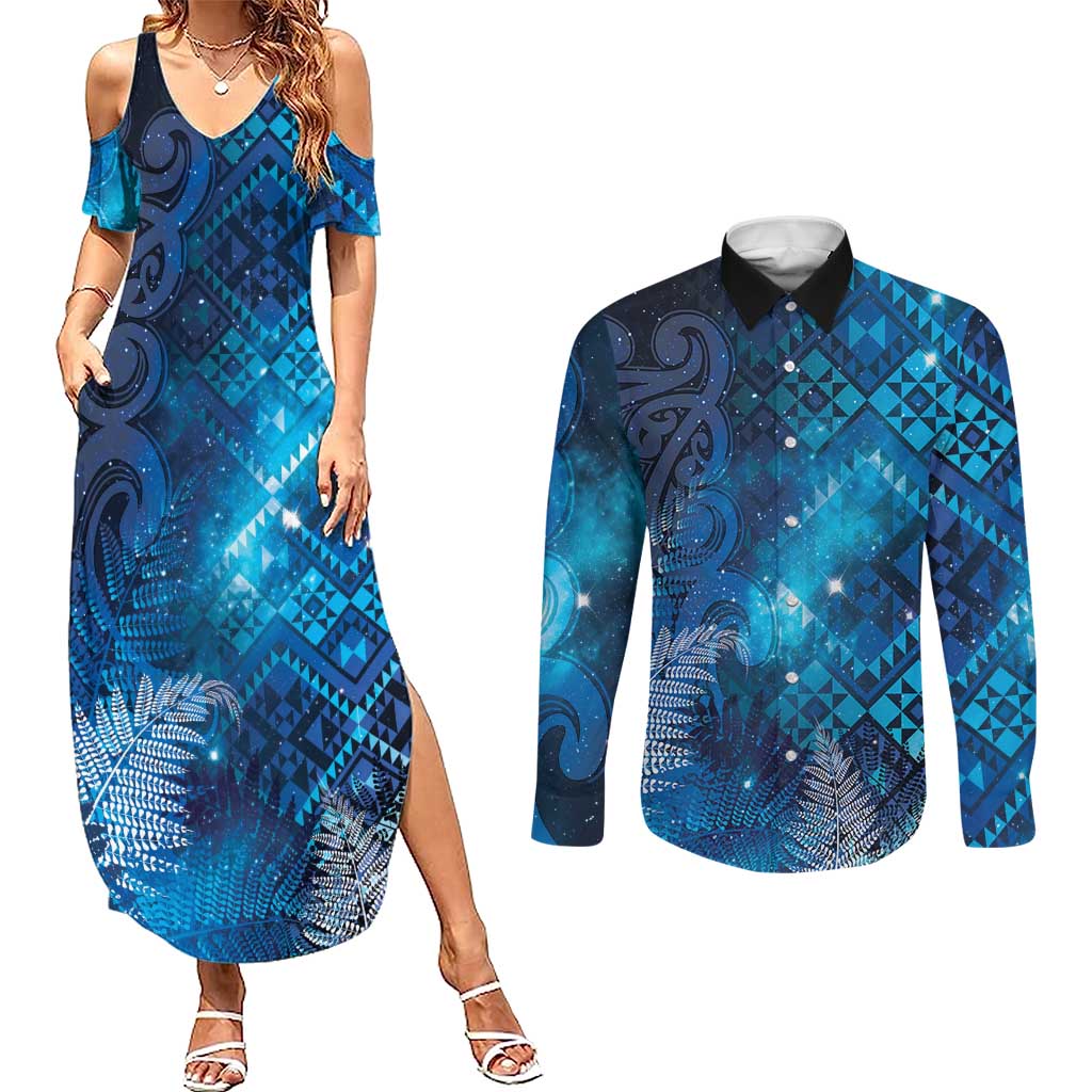 Aotearoa Taniko Matariki Couples Matching Summer Maxi Dress and Long Sleeve Button Shirt Cosmic Blue LT7 Blue - Polynesian Pride