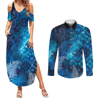 Aotearoa Taniko Matariki Couples Matching Summer Maxi Dress and Long Sleeve Button Shirt Cosmic Blue