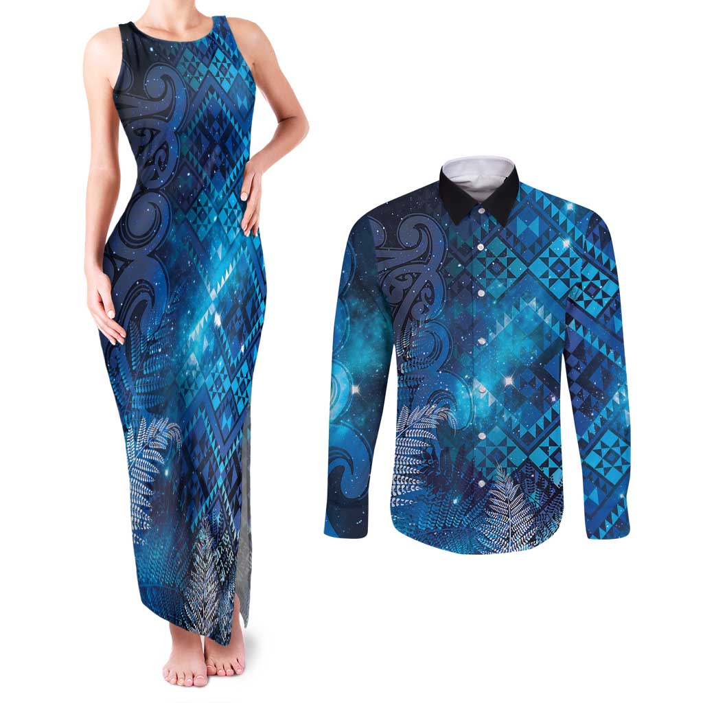 Aotearoa Taniko Matariki Couples Matching Tank Maxi Dress and Long Sleeve Button Shirt Cosmic Blue LT7 Blue - Polynesian Pride