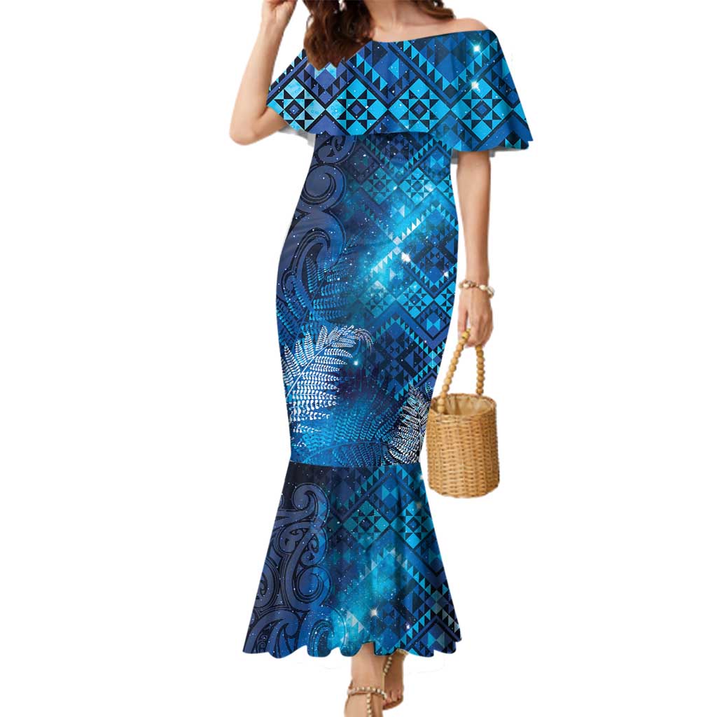 Aotearoa Taniko Matariki Family Matching Mermaid Dress and Hawaiian Shirt Cosmic Blue LT7 Mom's Dress Blue - Polynesian Pride