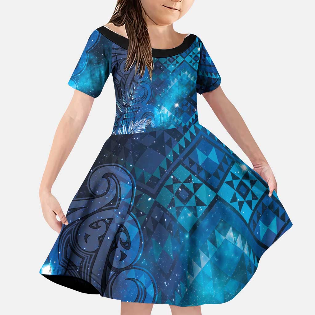 Aotearoa Taniko Matariki Family Matching Off Shoulder Maxi Dress and Hawaiian Shirt Cosmic Blue LT7 Daughter's Dress Blue - Polynesian Pride