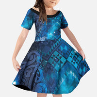 Aotearoa Taniko Matariki Family Matching Off Shoulder Maxi Dress and Hawaiian Shirt Cosmic Blue LT7 Daughter's Dress Blue - Polynesian Pride