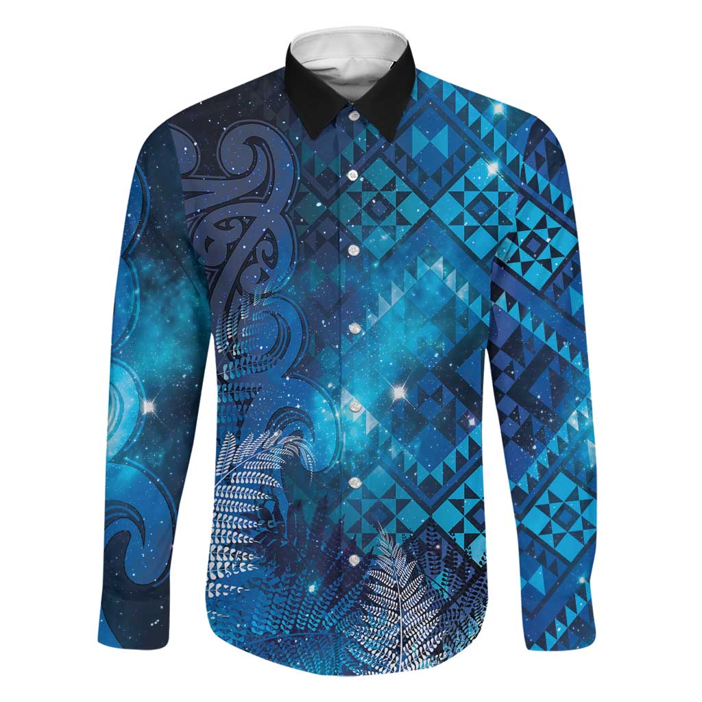 Aotearoa Taniko Matariki Family Matching Off Shoulder Maxi Dress and Hawaiian Shirt Cosmic Blue LT7 Dad's Shirt - Long Sleeve Blue - Polynesian Pride