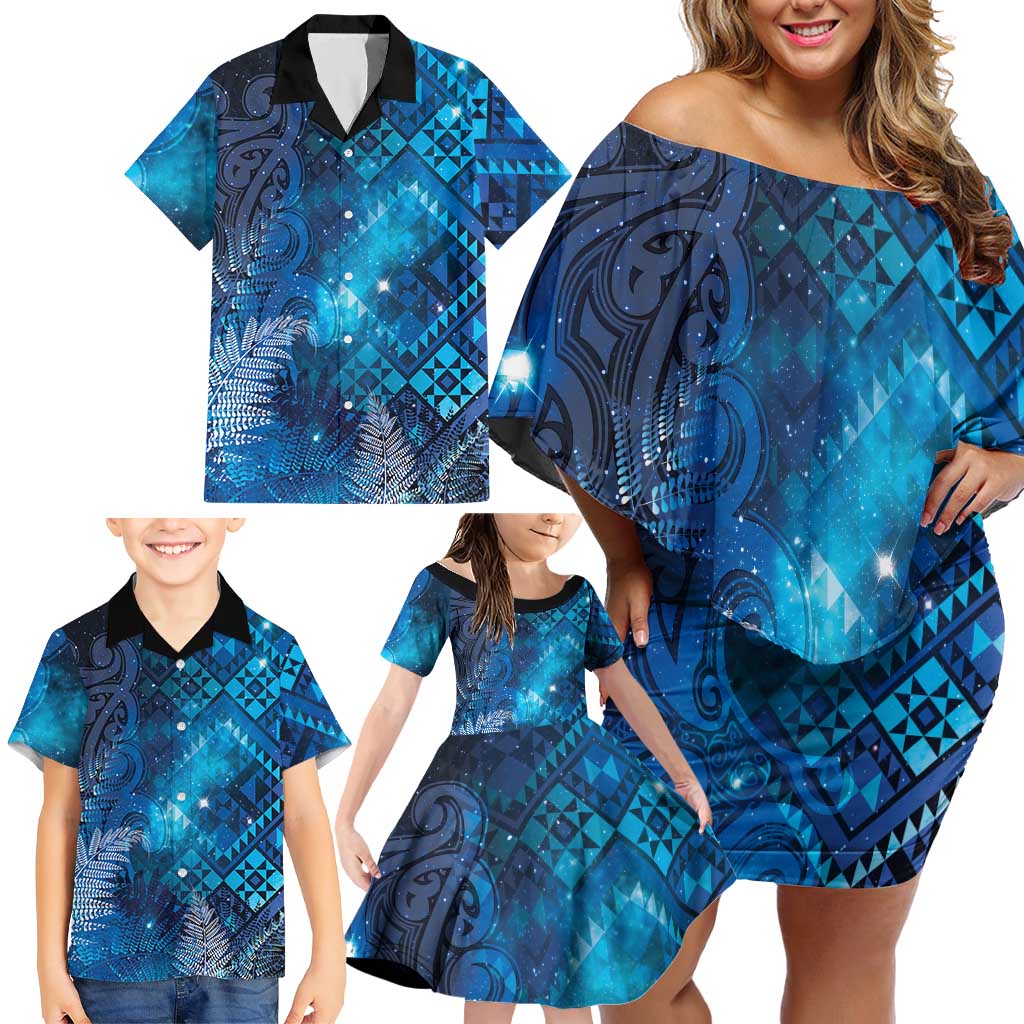 Aotearoa Taniko Matariki Family Matching Off Shoulder Short Dress and Hawaiian Shirt Cosmic Blue LT7 - Polynesian Pride