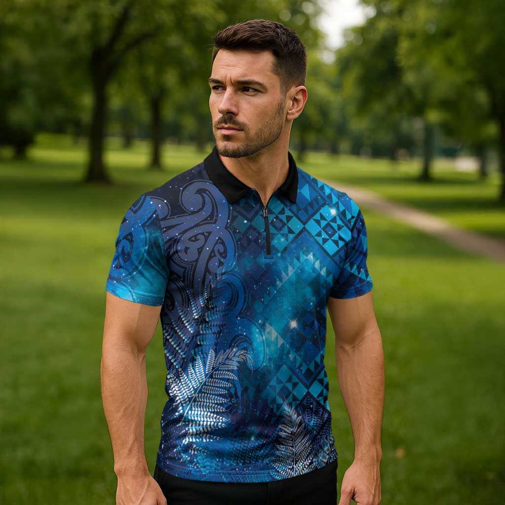 Aotearoa Taniko Matariki Zipper Polo Shirt Cosmic Blue