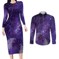Aotearoa Taniko Matariki Couples Matching Long Sleeve Bodycon Dress and Long Sleeve Button Shirt Cosmic Violet