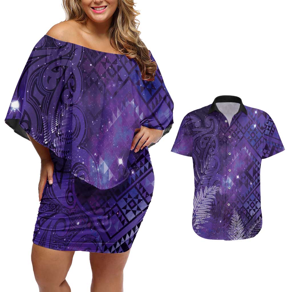 Aotearoa Taniko Matariki Couples Matching Off Shoulder Short Dress and Hawaiian Shirt Cosmic Violet LT7 Purple - Polynesian Pride