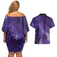 Aotearoa Taniko Matariki Couples Matching Off Shoulder Short Dress and Hawaiian Shirt Cosmic Violet