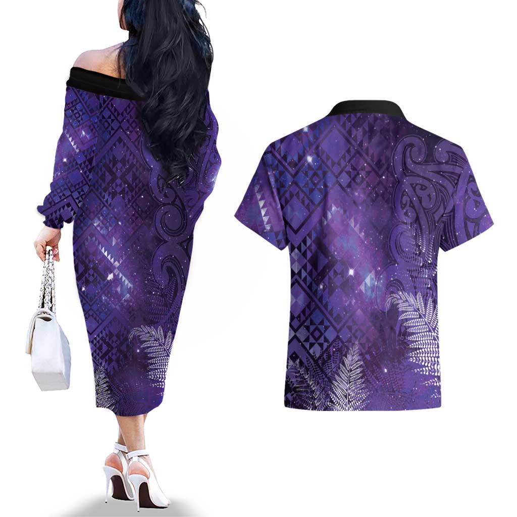 Aotearoa Taniko Matariki Couples Matching Off The Shoulder Long Sleeve Dress and Hawaiian Shirt Cosmic Violet LT7 - Polynesian Pride