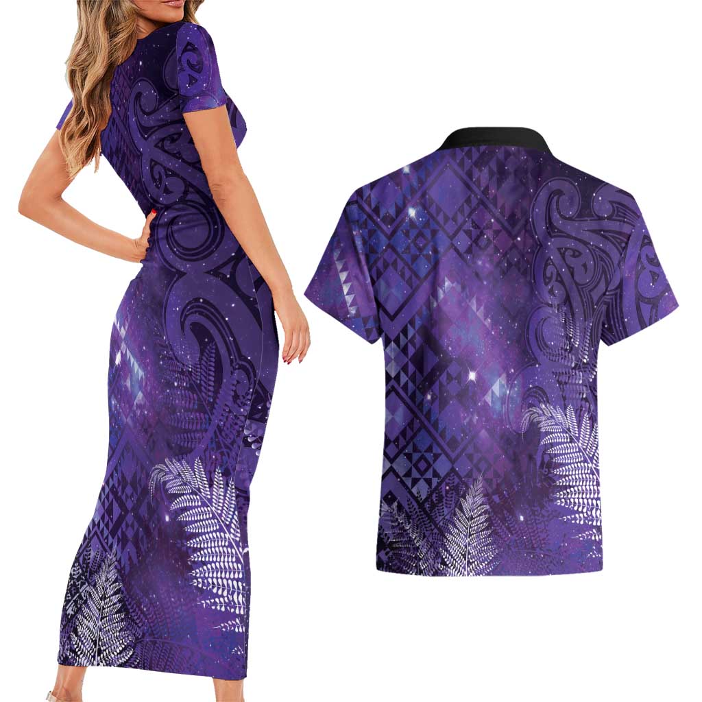 Aotearoa Taniko Matariki Couples Matching Short Sleeve Bodycon Dress and Hawaiian Shirt Cosmic Violet
