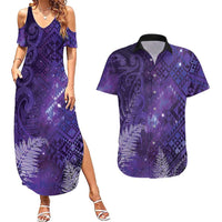 Aotearoa Taniko Matariki Couples Matching Summer Maxi Dress and Hawaiian Shirt Cosmic Violet LT7 Purple - Polynesian Pride