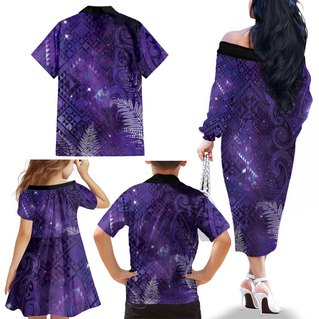 Aotearoa Taniko Matariki Family Matching Off The Shoulder Long Sleeve Dress and Hawaiian Shirt Cosmic Violet