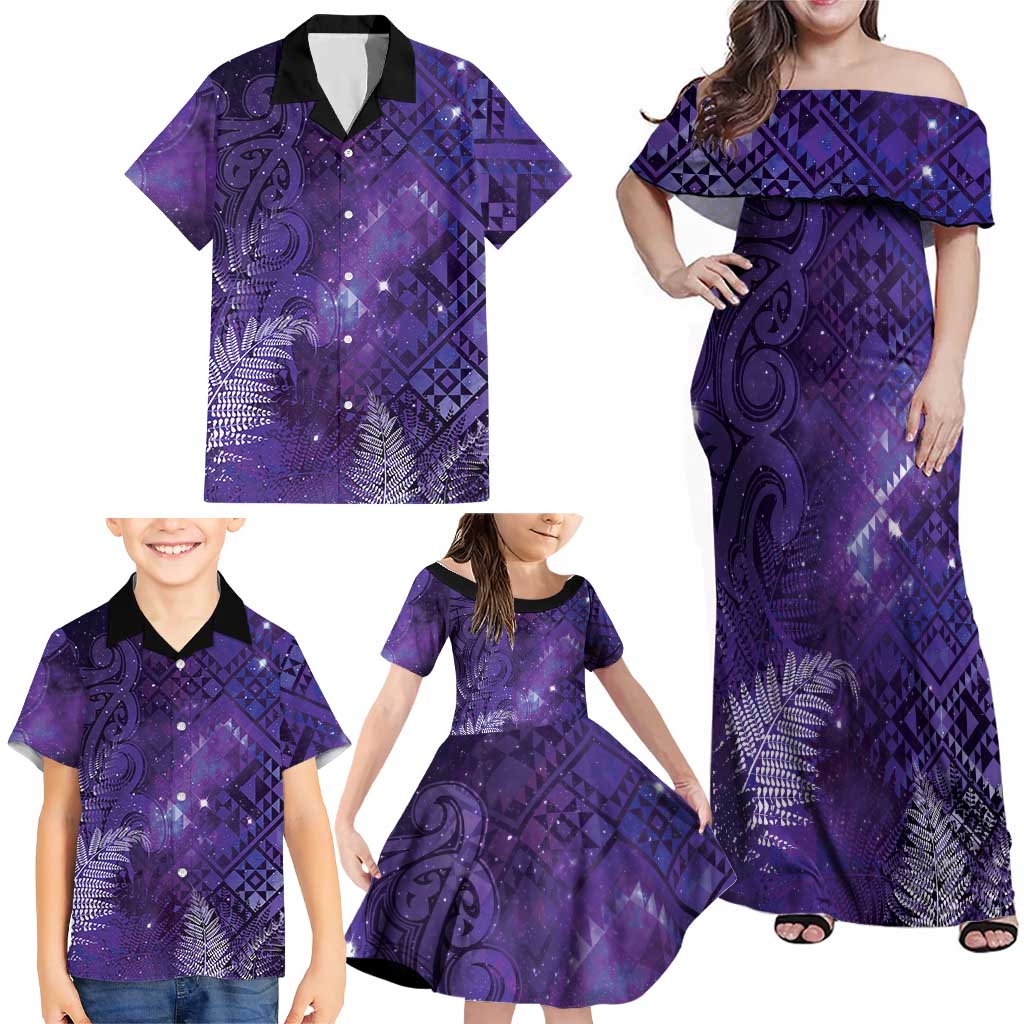 Aotearoa Taniko Matariki Family Matching Off Shoulder Maxi Dress and Hawaiian Shirt Cosmic Violet LT7 - Polynesian Pride