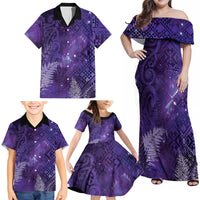 Aotearoa Taniko Matariki Family Matching Off Shoulder Maxi Dress and Hawaiian Shirt Cosmic Violet LT7 - Polynesian Pride