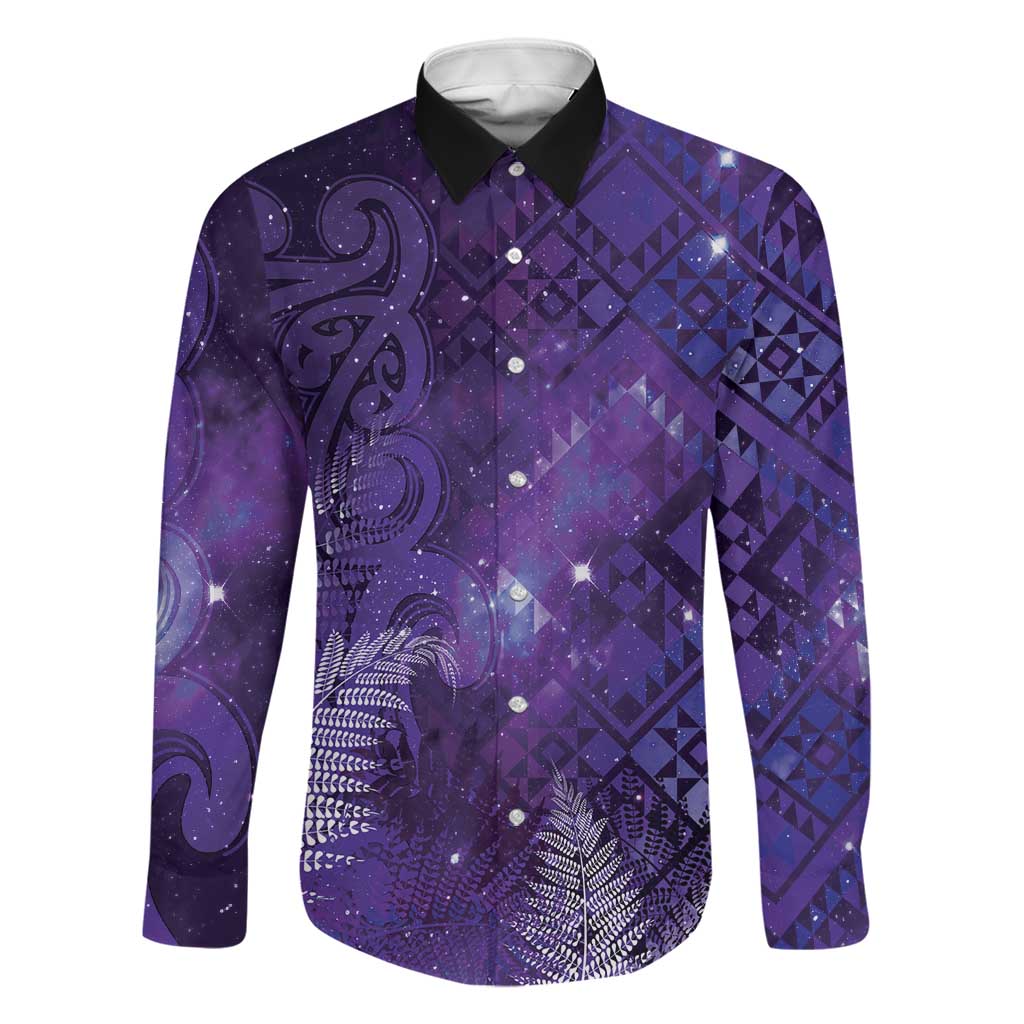 Aotearoa Taniko Matariki Family Matching Off Shoulder Short Dress and Hawaiian Shirt Cosmic Violet LT7 Dad's Shirt - Long Sleeve Purple - Polynesian Pride