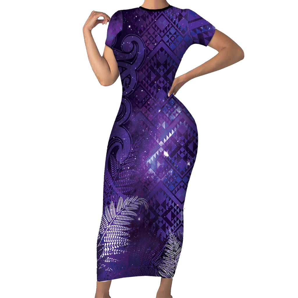 Aotearoa Taniko Matariki Short Sleeve Bodycon Dress Cosmic Violet LT7 Long Dress Purple - Polynesian Pride