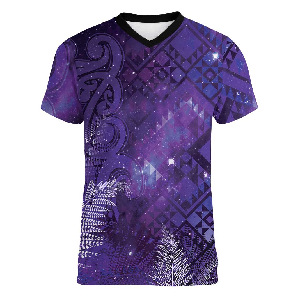 Aotearoa Taniko Matariki Women V-Neck T-Shirt Cosmic Violet LT7 Female Purple - Polynesian Pride
