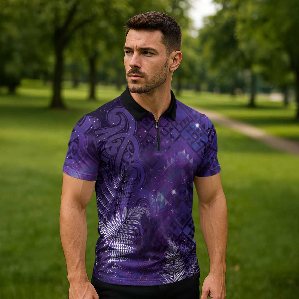Aotearoa Taniko Matariki Zipper Polo Shirt Cosmic Violet
